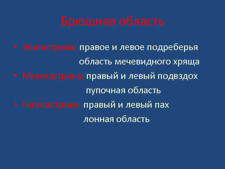 Брюшная область • Эпигастрика: правое и левое подреберья область мечевидного хряща • Мезогастрика: правый