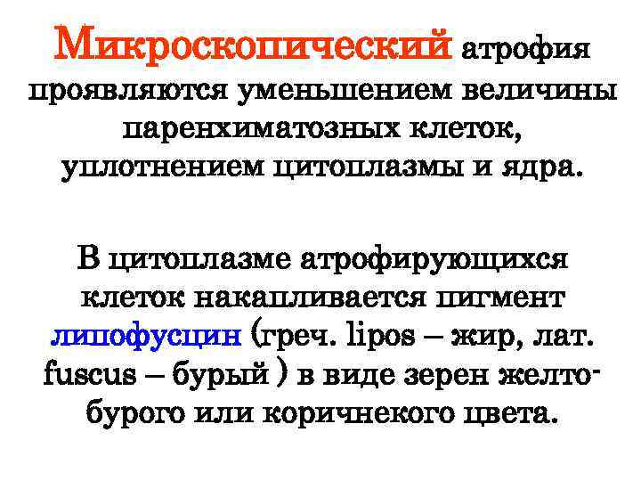 Микроскопический атрофия проявляются уменьшением величины паренхиматозных клеток, уплотнением цитоплазмы и ядра. В цитоплазме атрофирующихся