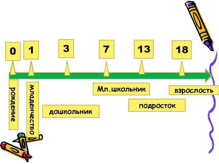1 3 7 13 младенчество рождение Мл. школьник дошкольник 18 взрослость подросток 