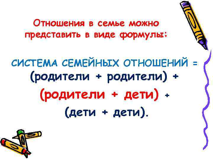Отношения в семье можно представить в виде формулы: СИСТЕМА СЕМЕЙНЫХ ОТНОШЕНИЙ = (родители +