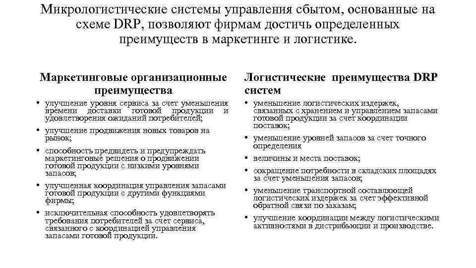 Микрологистические системы управления сбытом, основанные на схеме DRP, позволяют фирмам достичь определенных преимуществ в