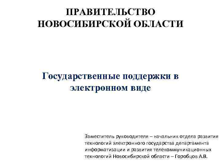 ПРАВИТЕЛЬСТВО НОВОСИБИРСКОЙ ОБЛАСТИ Государственные поддержки в электронном виде Заместитель руководителя – начальник отдела развития