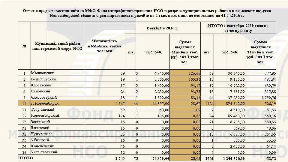 Отчет о предоставлении займов МФО Фонд микрофинансирования НСО в разрезе муниципальных районов и городских