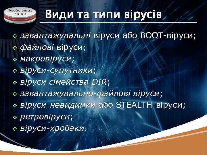 Теребовлянська гімназія Види та типи вірусів завантажувальні віруси або BOOT-віруси; v файлові віруси; v