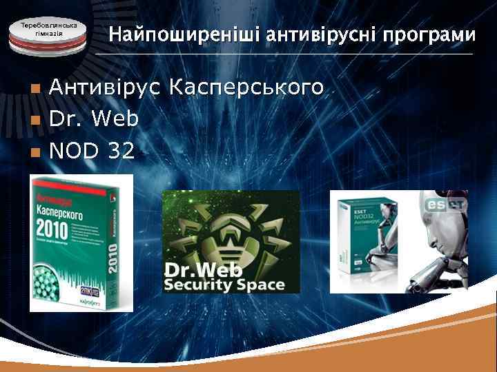 Теребовлянська гімназія Найпоширеніші антивірусні програми Антивірус Касперського n Dr. Web n NOD 32 n