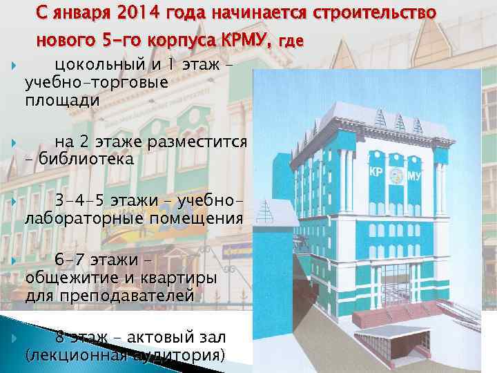 С января 2014 года начинается строительство нового 5 -го корпуса КРМУ, где цокольный и