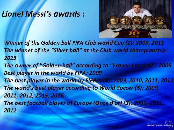 Lionel Messi’s awards : Winner of the Golden ball FIFA Club world Cup (2):