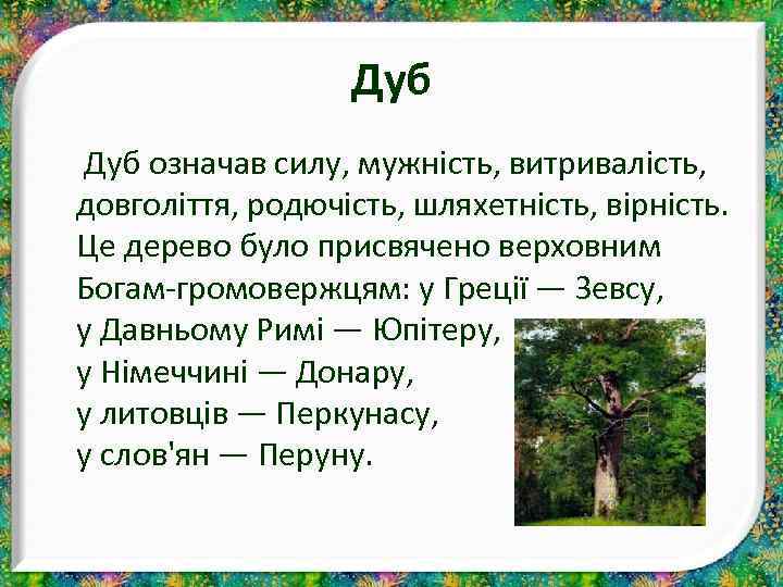 Дуб означав силу, мужність, витривалість, довголіття, родючість, шляхетність, вірність. Це дерево було присвячено верховним