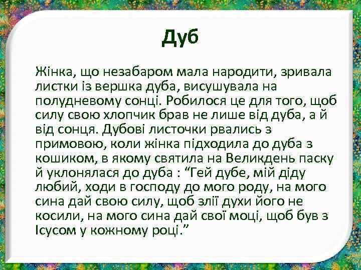 Дуб Жінка, що незабаром мала народити, зривала листки із вершка дуба, висушувала на полудневому