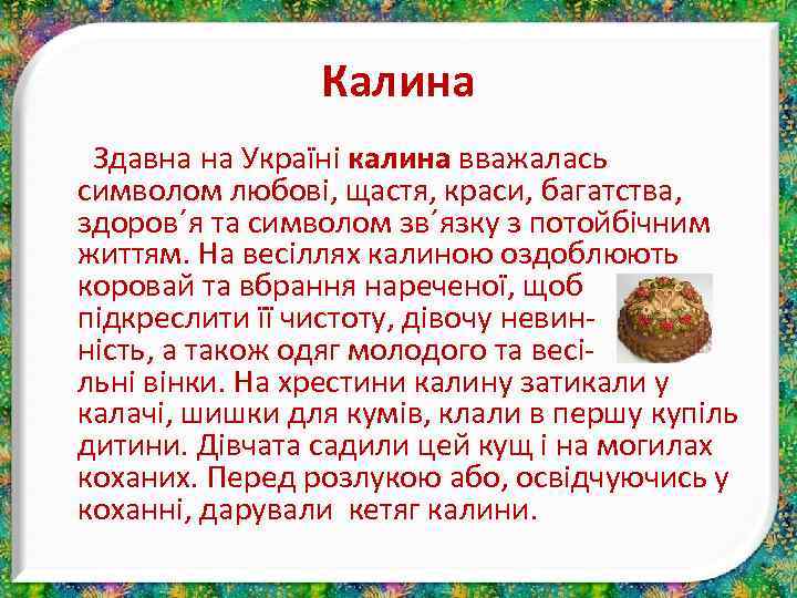 Калина Здавна на Україні калина вважалась символом любові, щастя, краси, багатства, здоров´я та символом