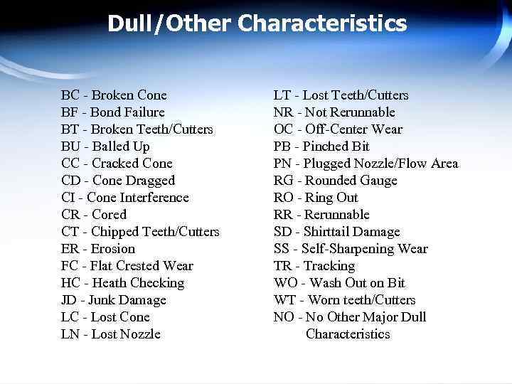 Dull/Other Characteristics BC - Broken Cone BF - Bond Failure BT - Broken Teeth/Cutters