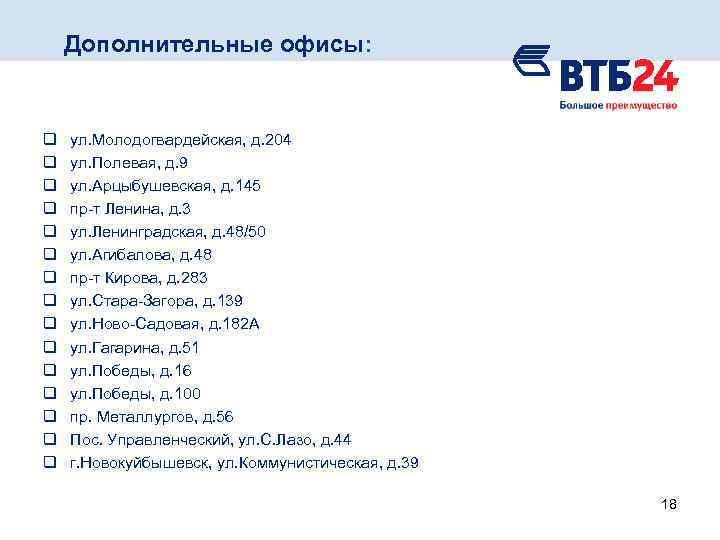 Дополнительные офисы: q q q q ул. Молодогвардейская, д. 204 ул. Полевая, д. 9