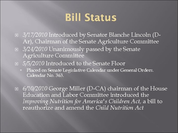 Bill Status 3/17/2010 Introduced by Senator Blanche Lincoln (DAr), Chairman of the Senate Agriculture
