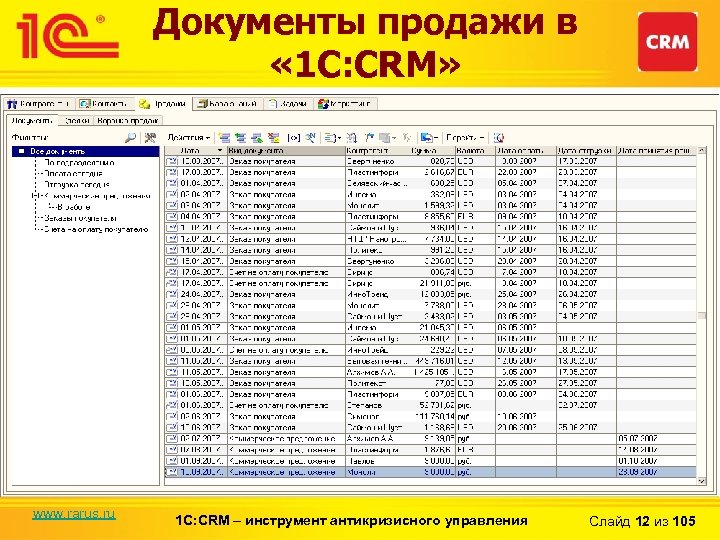 Документы продажи в « 1 С: CRM» www. rarus. ru 1 С: CRM –