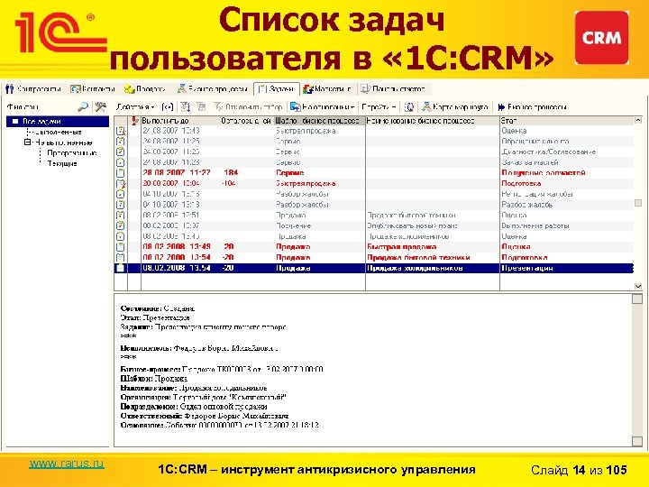 Список задач пользователя в « 1 С: CRM» www. rarus. ru 1 С: CRM