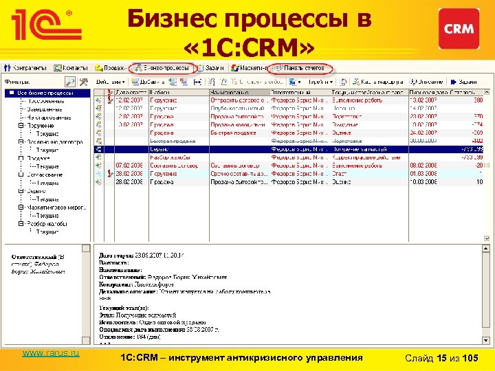 Бизнес процессы в « 1 С: CRM» www. rarus. ru 1 С: CRM –
