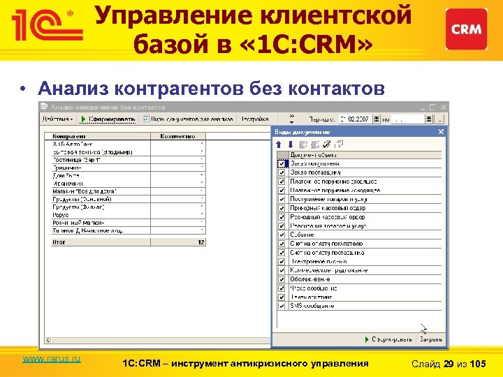 Управление клиентской базой в « 1 С: CRM» • Анализ контрагентов без контактов www.