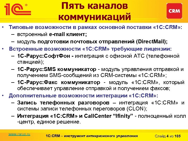 Пять каналов коммуникаций • Типовые возможности в рамках основной поставки « 1 С: CRM»