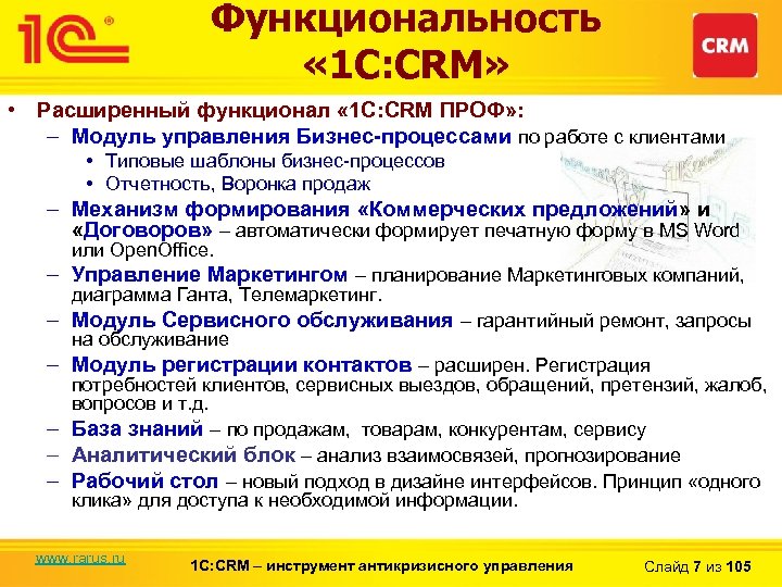 Функциональность « 1 С: CRM» • Расширенный функционал « 1 С: CRM ПРОФ» :