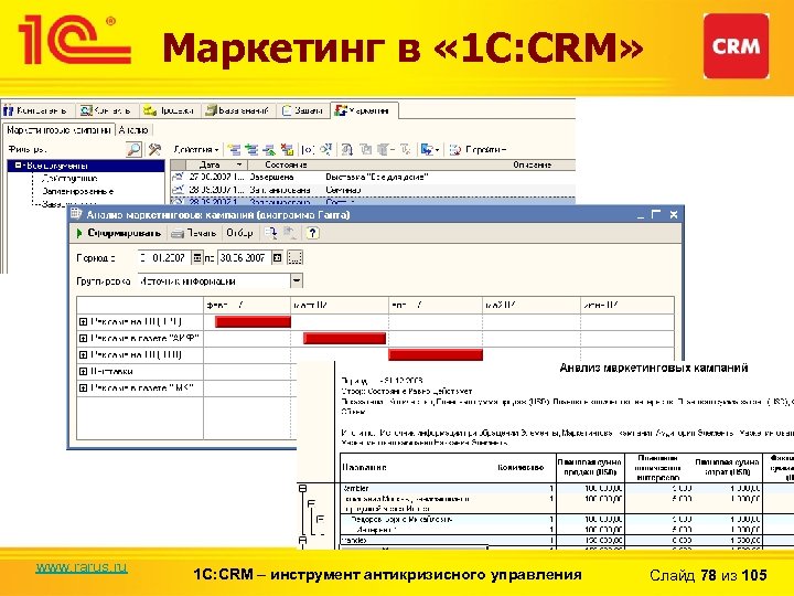 Маркетинг в « 1 С: CRM» www. rarus. ru 1 С: CRM – инструмент