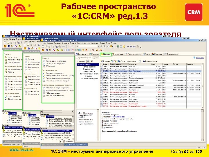 Рабочее пространство « 1 С: CRM» ред. 1. 3 Настраиваемый интерфейс пользователя Возможность настроить