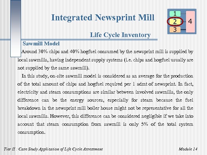 Integrated Newsprint Mill Life Cycle Inventory Sawmill Model Around 30% chips and 40% hogfuel