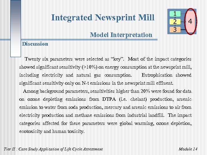 Integrated Newsprint Mill Model Interpretation Discussion Twenty six parameters were selected as “key”. Most