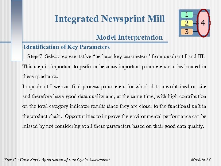 Integrated Newsprint Mill Model Interpretation Identification of Key Parameters Step 7: Select representative “perhaps