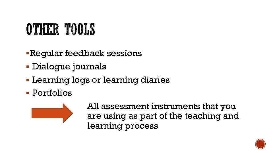 § Regular feedback sessions § Dialogue journals § Learning logs or learning diaries §
