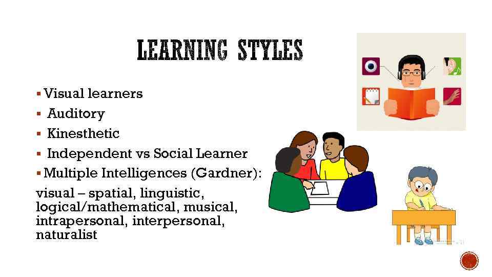 § Visual learners § Auditory § Kinesthetic § Independent vs Social Learner § Multiple