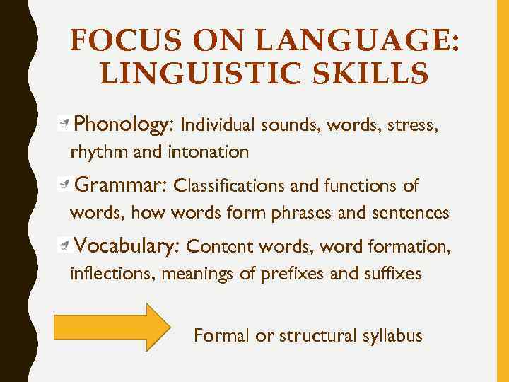 FOCUS ON LANGUAGE: LINGUISTIC SKILLS Phonology: Individual sounds, words, stress, rhythm and intonation Grammar: