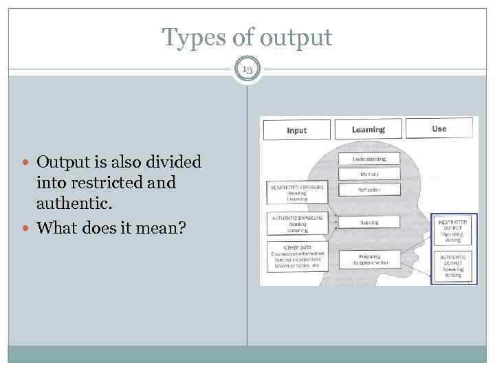 Types of output 15 Output is also divided into restricted and authentic. What does