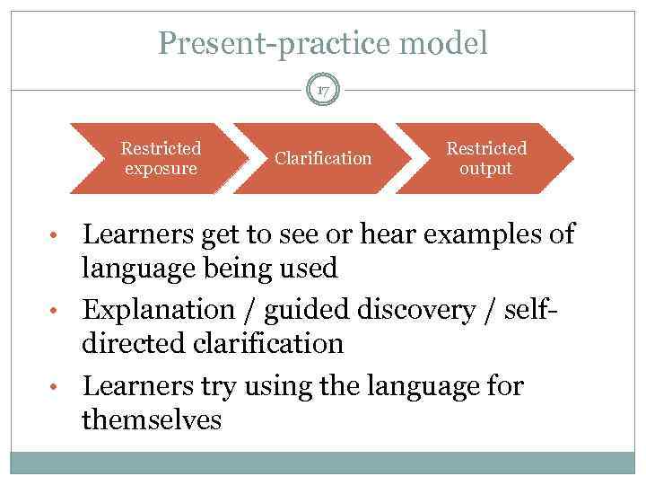 Present-practice model 17 Restricted exposure Clarification Restricted output • Learners get to see or