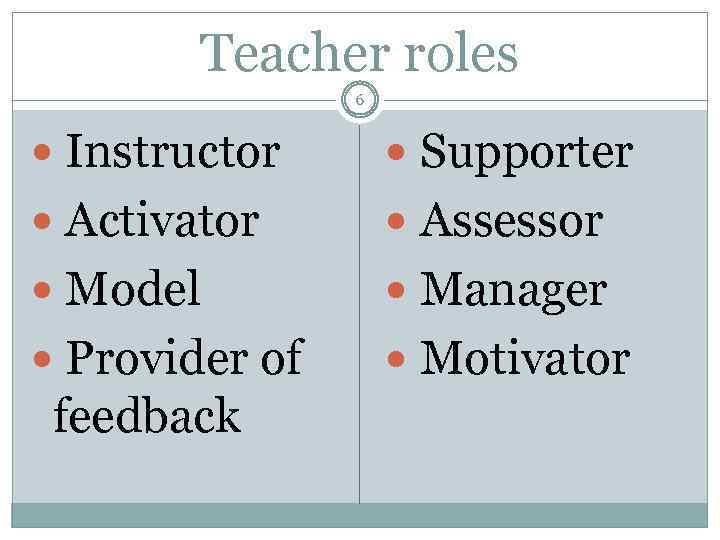 Teacher roles 6 Instructor Supporter Activator Assessor Model Manager Provider of Motivator feedback 