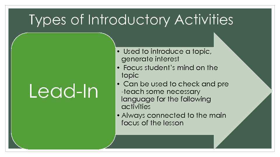 Types of Introductory Activities Lead-In • Used to introduce a topic, generate interest •