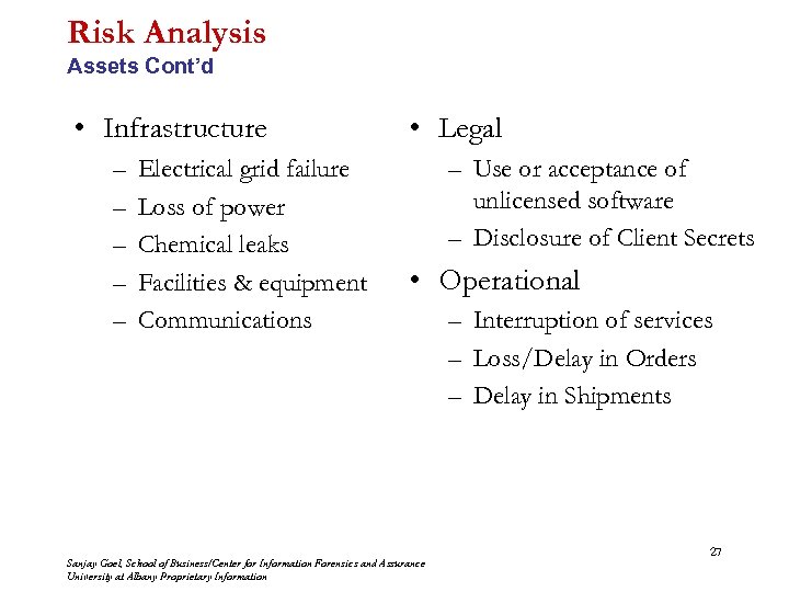 Risk Analysis Assets Cont’d • Infrastructure – – – Electrical grid failure Loss of