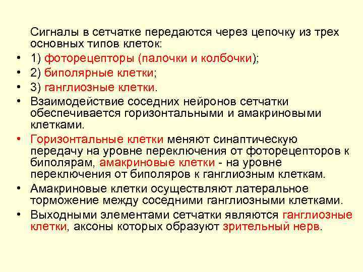  • • Сигналы в сетчатке передаются через цепочку из трех основных типов клеток: