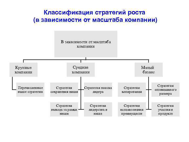 Классификация стратегий роста (в зависимости от масштаба компании) В зависимости от масштаба компании Крупные