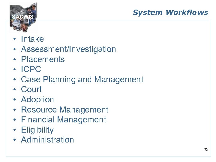 SACWIS • • • System Workflows Intake Assessment/Investigation Placements ICPC Case Planning and Management