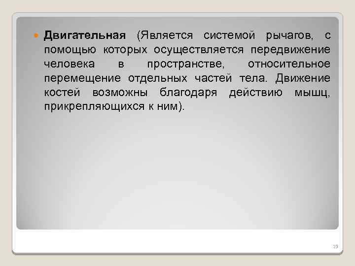  Двигательная (Является системой рычагов, с помощью которых осуществляется передвижение человека в пространстве, относительное