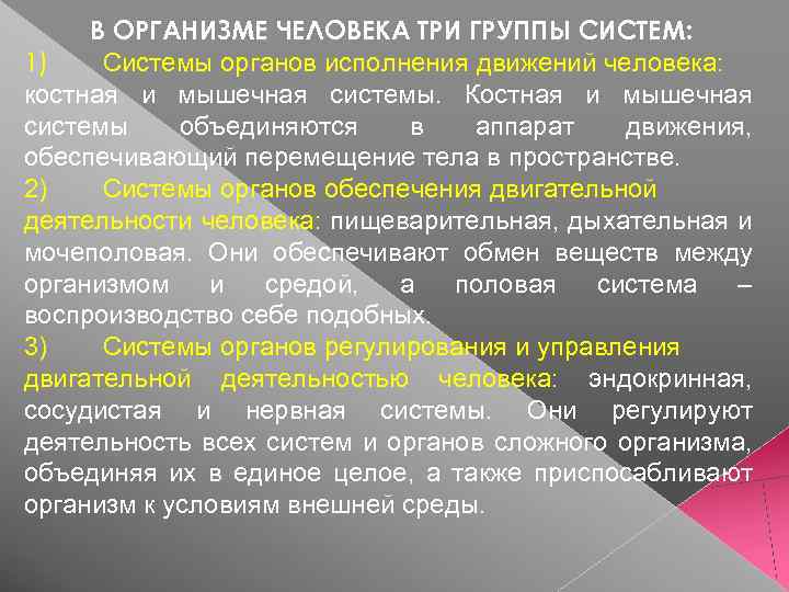 В ОРГАНИЗМЕ ЧЕЛОВЕКА ТРИ ГРУППЫ СИСТЕМ: 1) Системы органов исполнения движений человека: костная и