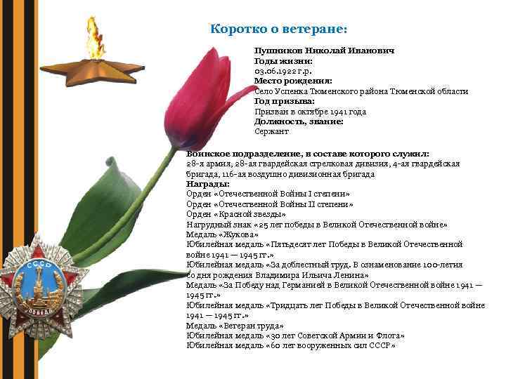 Коротко о ветеране: Пушников Николай Иванович Годы жизни: 03. 06. 1922 г. р. Место