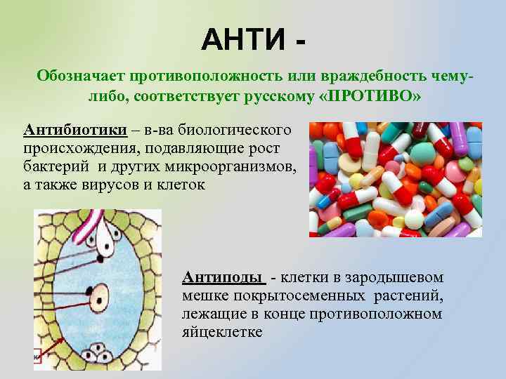АНТИ Обозначает противоположность или враждебность чемулибо, соответствует русскому «ПРОТИВО» Антибиотики – в-ва биологического происхождения,