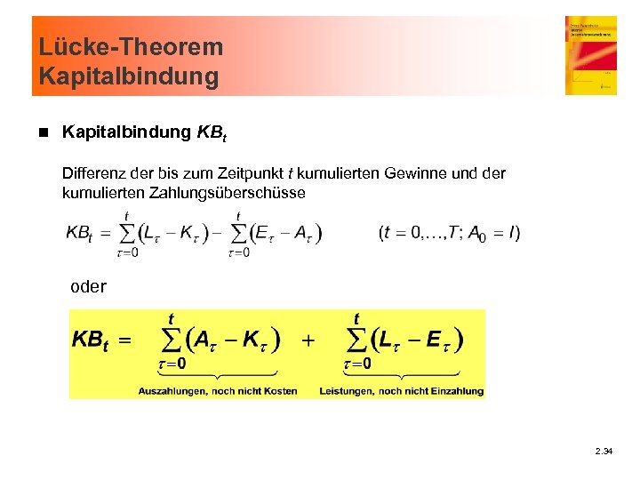 Lücke-Theorem Kapitalbindung n Kapitalbindung KBt Differenz der bis zum Zeitpunkt t kumulierten Gewinne und