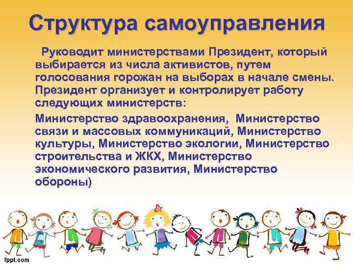 Структура самоуправления Руководит министерствами Президент, который выбирается из числа активистов, путем голосования горожан на