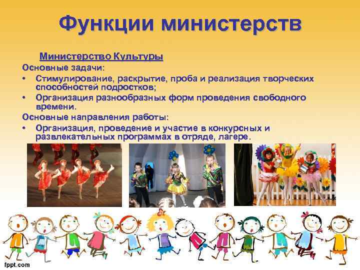 Функции министерств Министерство Культуры Основные задачи: • Стимулирование, раскрытие, проба и реализация творческих способностей