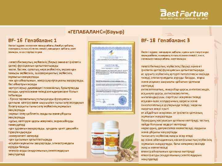  «ГЕПАБАЛАНС» (Бауыр) BF- 16 Гепабаланс 1 Негізгі құрам: пинеллия тамырсабағы, бамбук қабығы, померанц
