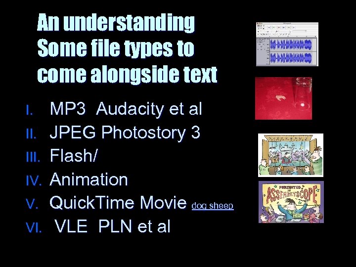 An understanding Some file types to come alongside text I. III. IV. V. VI.