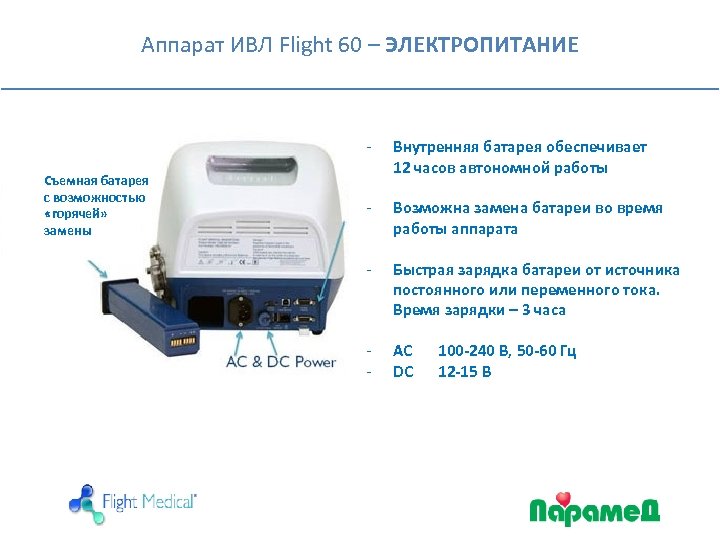 Аппарат ИВЛ Flight 60 – ЭЛЕКТРОПИТАНИЕ Съемная батарея с возможностью «горячей» замены Внутренняя батарея