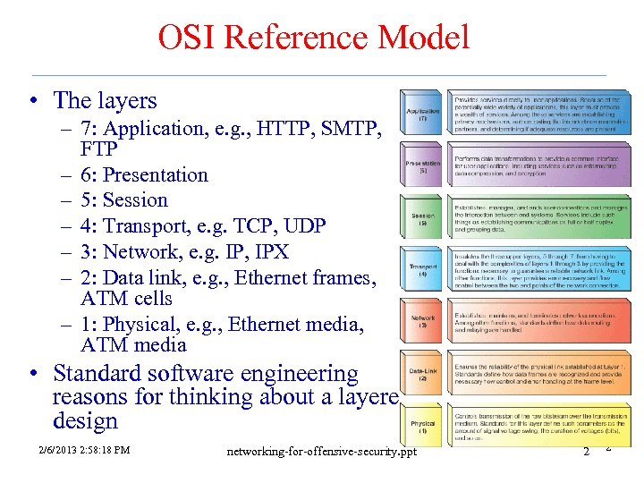 OSI Reference Model • The layers – 7: Application, e. g. , HTTP, SMTP,